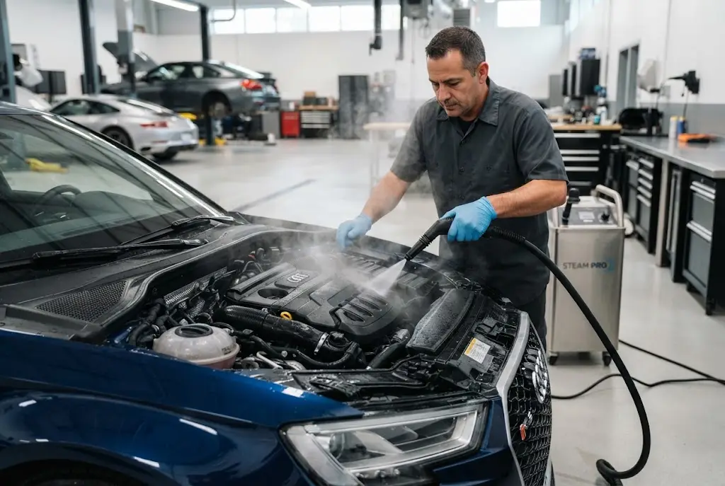 Professional engine steam cleaning service for a car